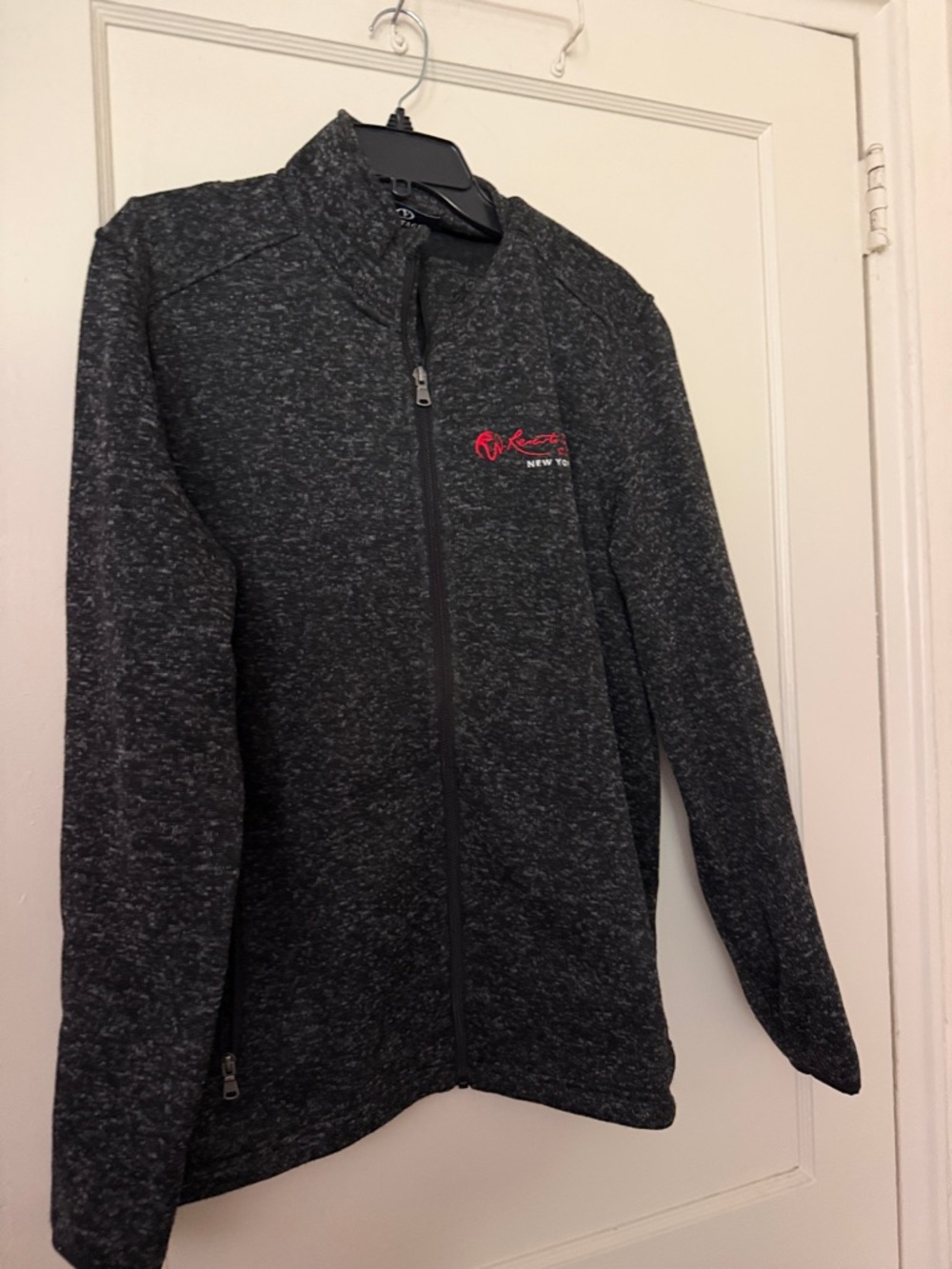 Men's Charcoal Full-Zip Jacket with Red Script Logo resorts world NY